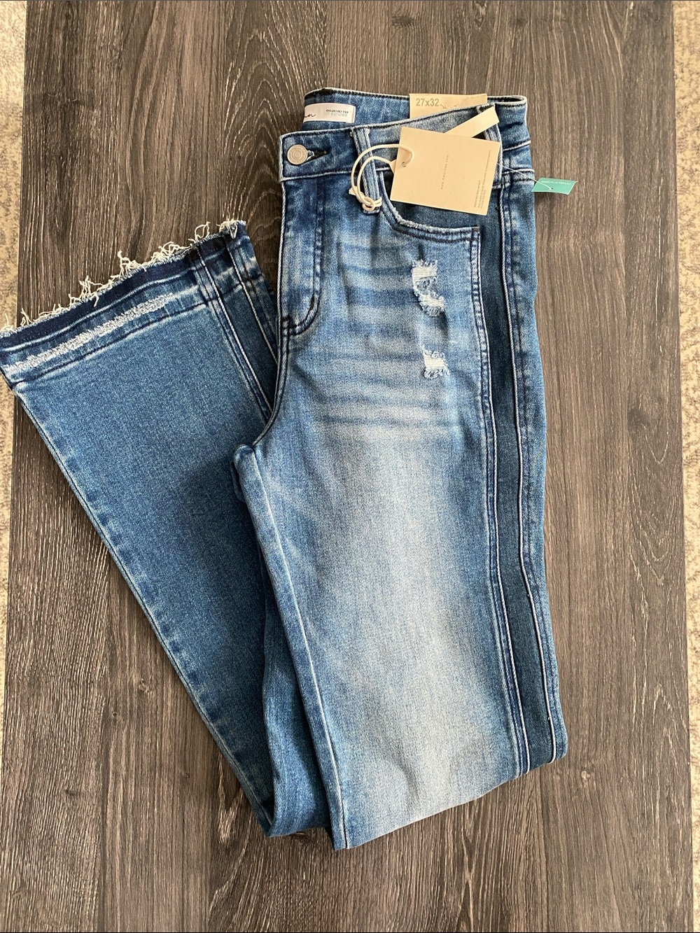 KanCan Women’s Blue Distressed Side-Stripe Jeans -
